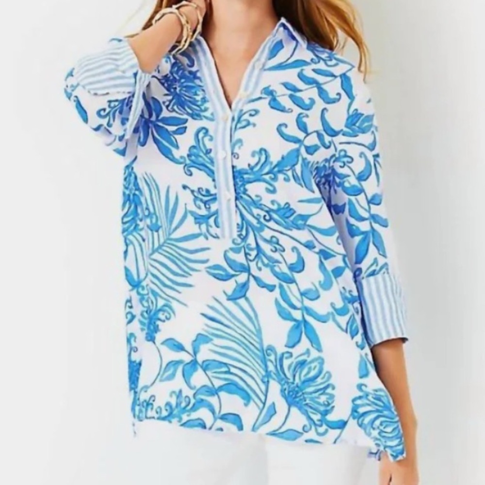 Lilly Pulitzer Riverlyn Pieced Print Tunic Top Glisten in the Sun Size S